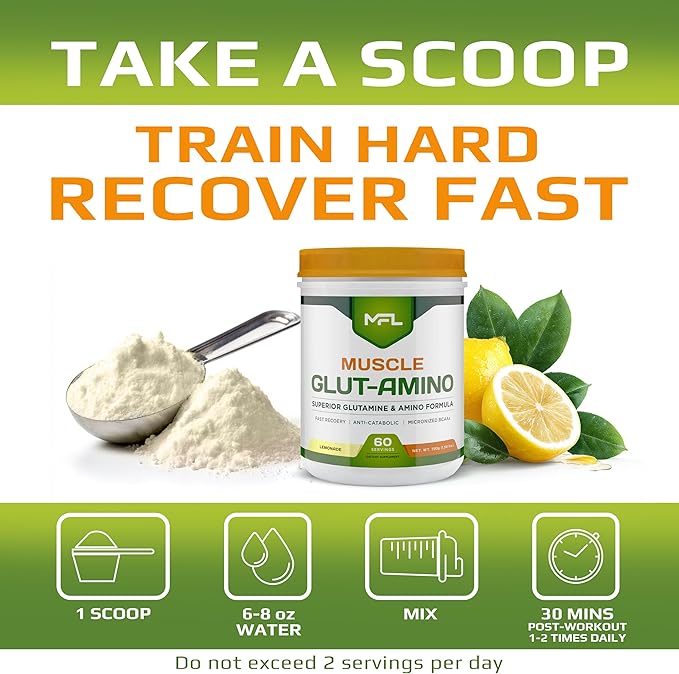 MFL Muscle Glut-Amino | Glutamine Complex | Amino Complex | 0 Sugar | Sweetened with Stevia | All-Natural | 60 Servings (Lemonade)