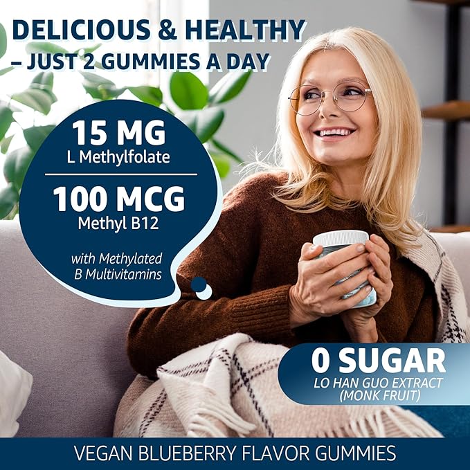 L-MethylFolate 15mg &amp Methyl B12 Gummies Methylated B1 B2 B6 Multivitamins - Active 5-MTHF &amp High Absorption - Supports MTHFR Gene Cognition Homocysteine Levels Folate Metabolism Vegan
