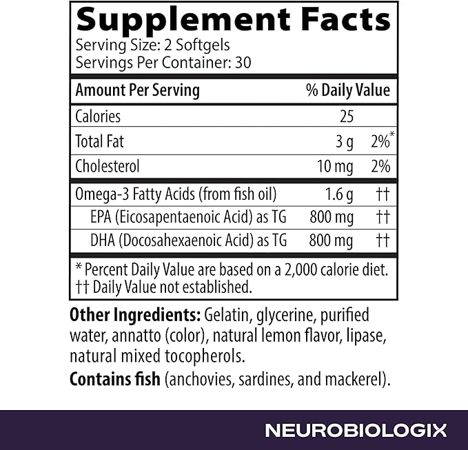 Neurobiologix OmegaCell 1600 TG Omega 3 Fish Oil with EPA &amp DHA Triglyceride Form for Absorption &amp Wellness Support Non GMO Omega 3 Supplement for Women and Men Gluten Free 60 Softgels