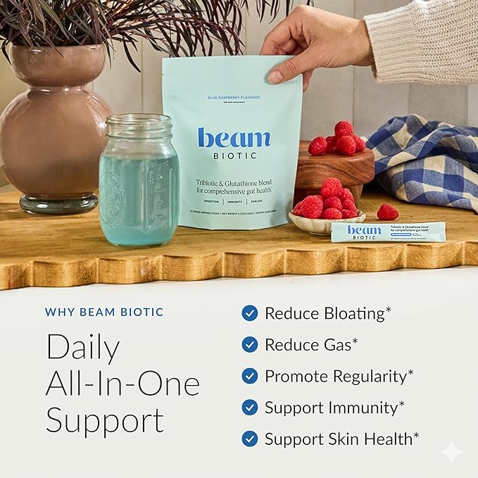 Beam Biotic Probiotics for Women – Gut Health &amp Digestive Health Powder with Pre Pro &amp Postbiotics + Glutathione Daily Probiotic Drink for Bloating Relief &amp Gut Balance 15 Servings Blu