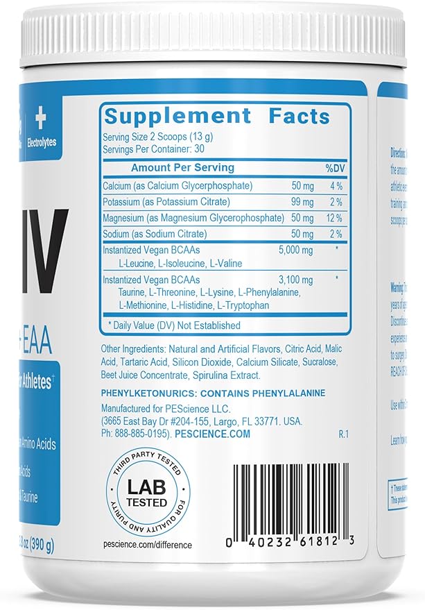 PEScience Amino IV BCAA &amp EAA Powder Essential Amino Acids Taurine Electrolytes for Hydration and Muscle Recovery Sugar Free for Men &amp Women Post Workout - Black Cherry 30 Servings