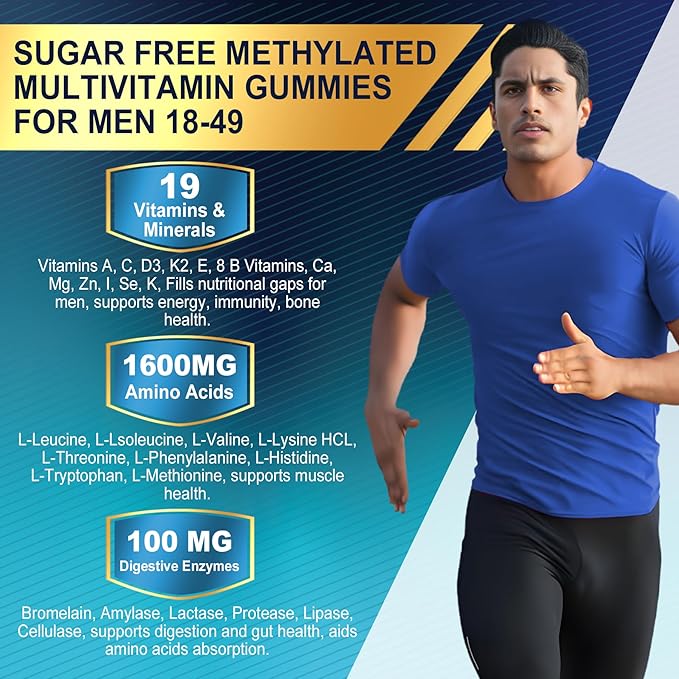 2 Pack Methylated Multivitamin for Men Gummies BCAA Amino Acids Zinc Biotin Vitamin A C E D3 K2 B Complex Calcium Magnesium Lycopene Digestive Enzymes - Energy Muscle Immune - Sugar Free Vegan