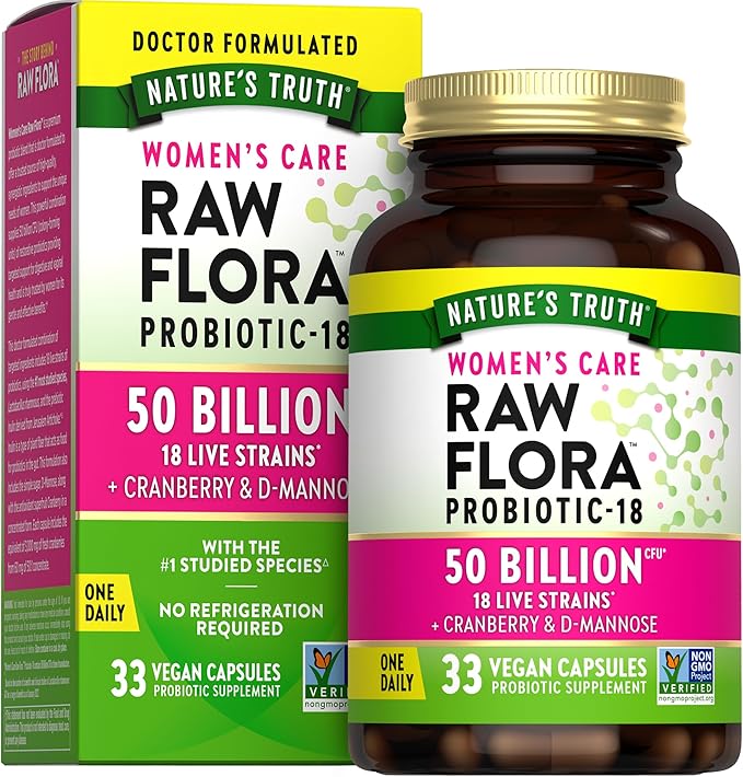 Raw Flora Probiotics for Women | 50 Billion CFU | 33 Capsules | with Cranberry and D-Mannose | Vegan Non-GMO &amp Gluten Free Supplement