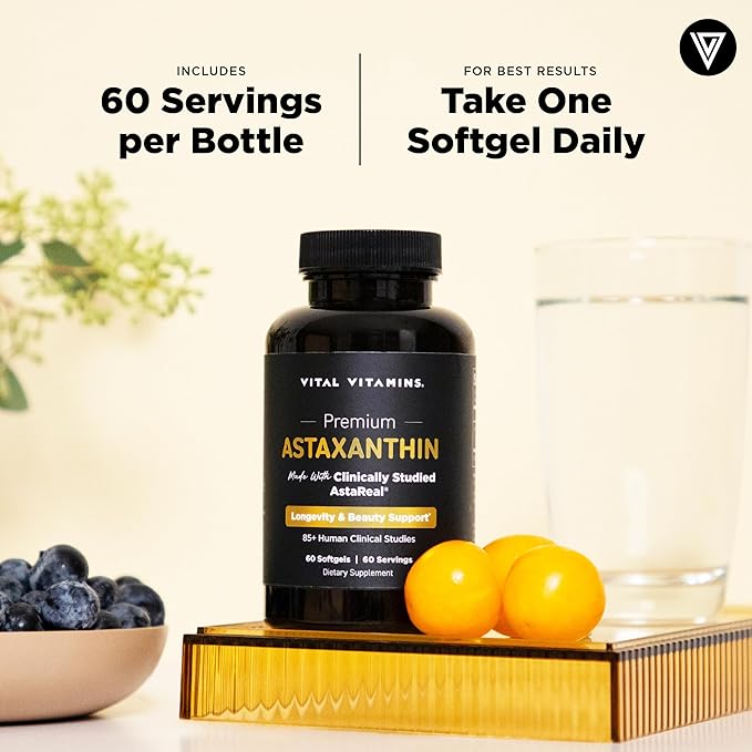 Vital Vitamins Astaxanthin 12mg Softgels - Made with Natural Astaxanthin - Supplement to Promote Skin Hydration Elasticity - Defends Cells Against Daily Damage - Vegan Made in the USA - 60 Soft Gels