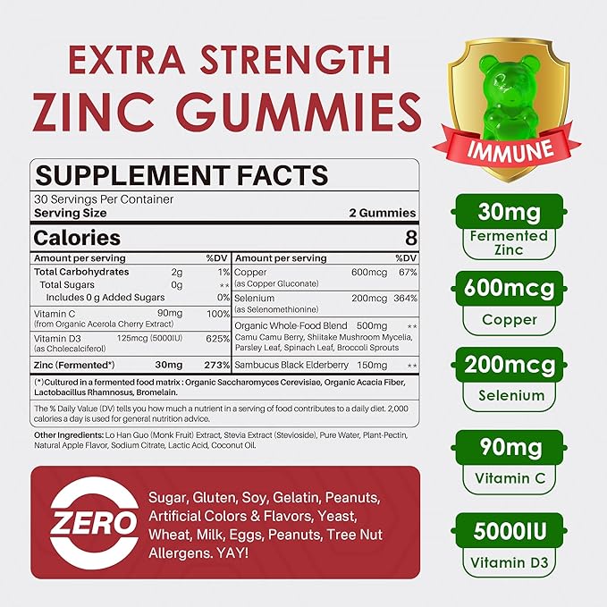 Fermented Zinc Gummies 30mg Copper Selenium Vitamin C D3 Superior Absorption Zinc Supplements for Women &amp Men Immune Powerful Antioxidant Zinc Picolinate Alternaitive Vegan No Sugar 2 P