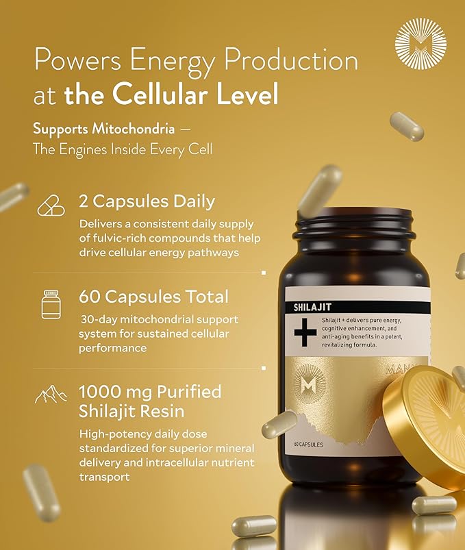 Manna Vitality Shilajit+ Capsules | 1000mg Purified Himalayan Shilajit Resin Supplement | Highest Bioavailability | Energy Performance Detox Vitality Mental Clarity &amp Cognitive Support | 60 Co