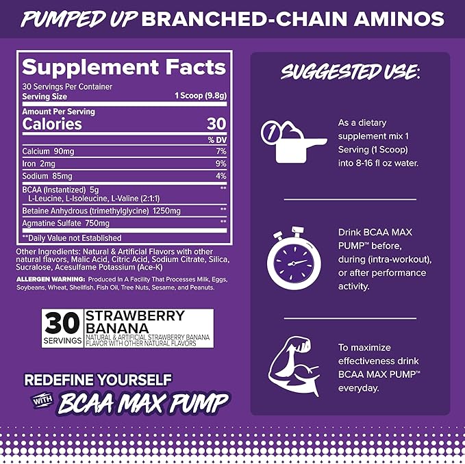 FINAFLEX BCAA MAX PUMP Strawberry Banana - 10.4 oz - Promotes Strength Performance &amp Recovery - With 2:1:1 Ratio of Leucine Isoleucine &amp Valine + Betaine Anhydrous - 30 Servings