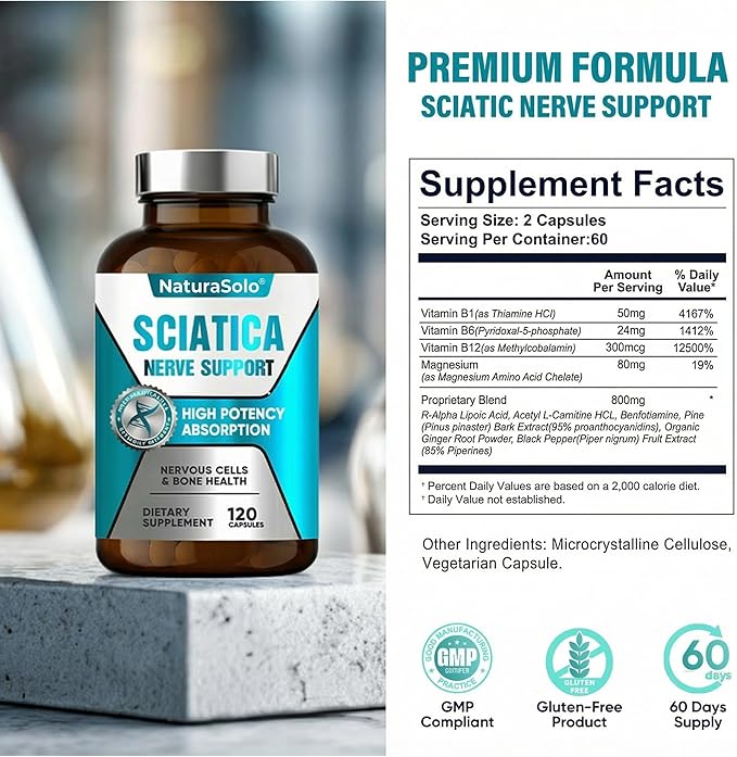 Sciatic Nerve &amp Discomfort Supplement - Nerve Savior for Neuropathy 120 Capsules Featuring Alpha Lipoic Acid 300mg &amp Vitamin B Complex for Targeted Comfort