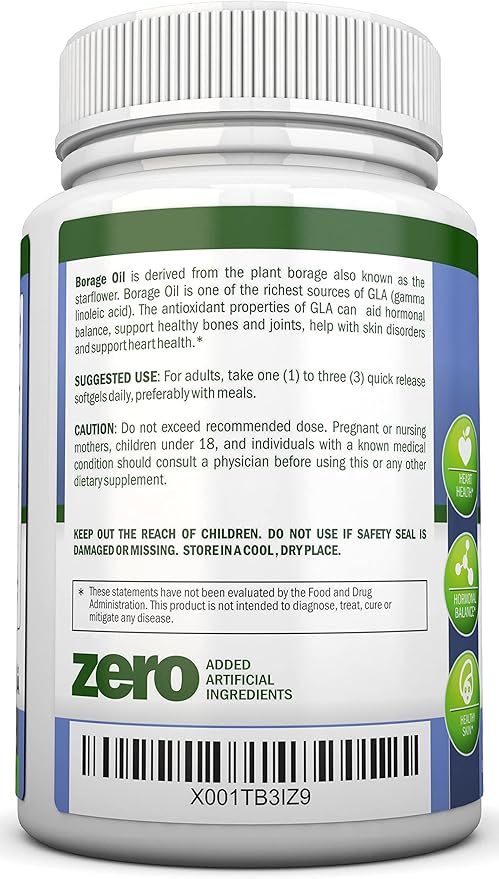 Borage Oil - 1000 mg - 180 Softgels - Cold Pressed High GLA Borage Seed Oil - Hexane and PA Free - Great for Skin Hair and Bones.