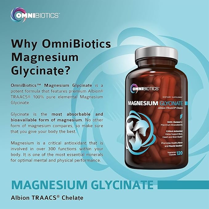OmniBiotics Magnesium Glycinate Supplement – with 100% Pure Albion TRAACS Bisglycinate Chelate for Sleep Muscle Nerve &amp Heart Health – 120 Vegan Capsules