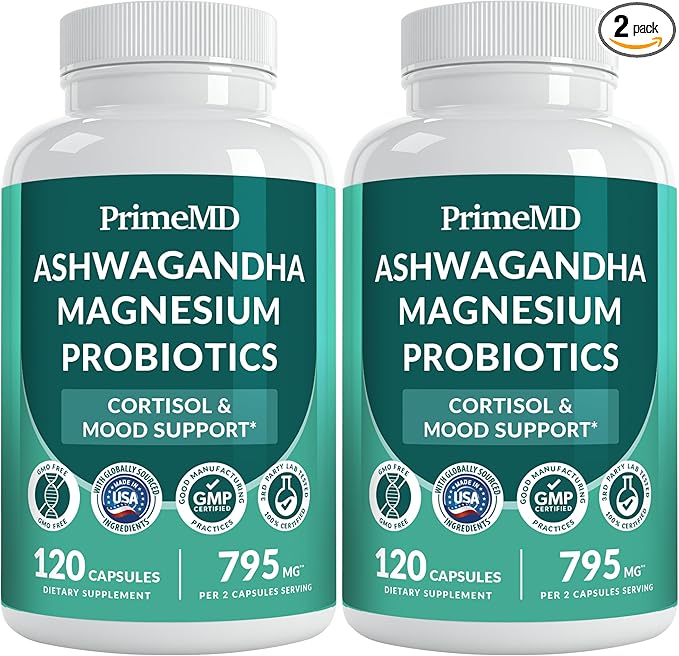 5-in-1 Cortisol Supplement for Women and Men with Ashwagandha for Calmness Focus and Adrenal Support Supplements with Shilajit Extract Magnesium Glycinate Probiotics (120 ct) (Pack of 2)