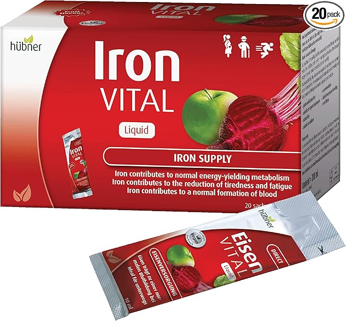 hübner Iron Vital Liquid Iron Supply Plus Vitamin C Dietary Supplement for Adults and Kids Vegan and Gluten-Free Fruit Flavor Box of 20 Packets 10 ml Each