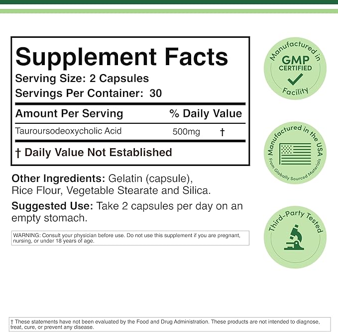 TUDCA Bile Salts Liver Support Supplement 500mg Servings Liver and Gallbladder Cleanse Supplement (60 Capsules 250mg) Genuine Bile Acid TUDCA with Strong Bitter Taste by Double Wood