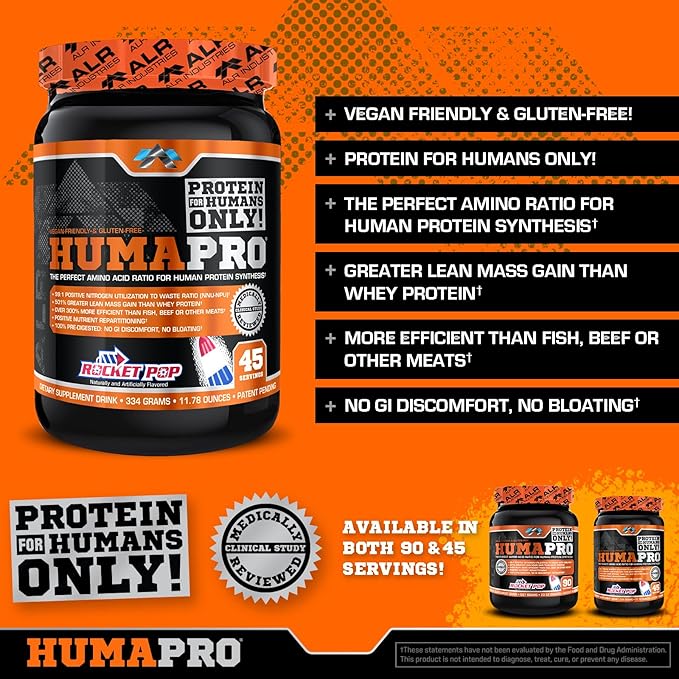 ALR Industries HumaPro Essential Amino Acid Formula | EAA Protein Supplement | Supports Muscle Recovery &amp Performance | Vegan Gluten Free | | 45 Servings (Rocket Pop)