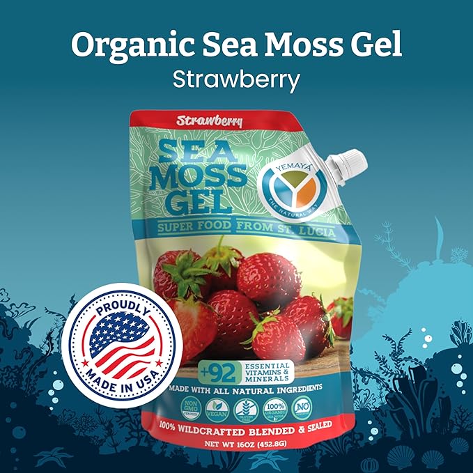Yemayá Organic Sea Moss Gel Organic Raw | Wildcrafted Seamoss Gel Enhanced with Real Fruit Supports Immunity Energy Digestion Hair Skin &amp Nails | 16 oz Strawberry Flavor