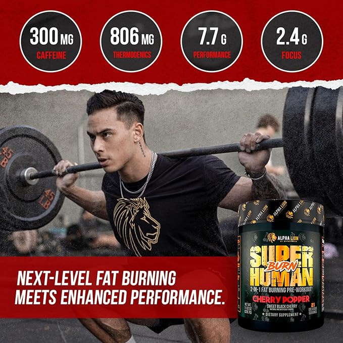 ALPHA LION Superhuman Burn – 2 in 1 Metabolism Booster Pre Workout and Thermogenic Fat Burner for Men – Appetite Suppressant and Weight Loss Supplement (21 Servings Sweet Black Cherry Flavor)