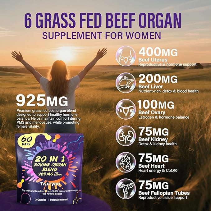20-In-1 Beef Organ Supplement for Women 925MG Grass Fed Beef Liver Uterus Ovary &amp 3 more with Maca DIM Black Cohosh Vitamin &amp Mineral Bovine organ Capsules for Hormone Balance Energy