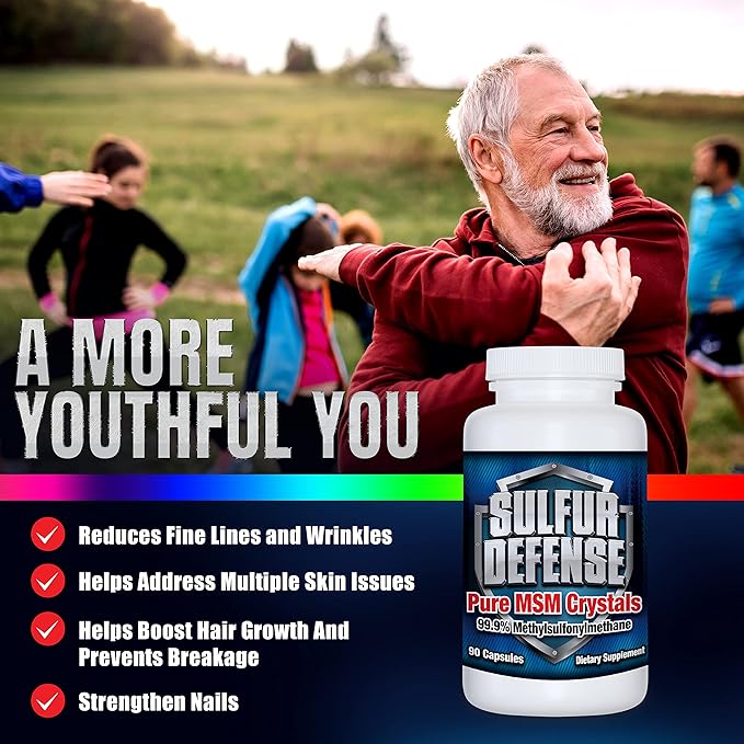 Sulfur Defense Opti-MSM 99.9% Pure MSM Powder Capsules Made in USA Organic Methylsulfonylmethane Non-GMO Gluten-Free Immune System Booster Soothes Joint Pain Younger Skin Hair Nails 90 caps