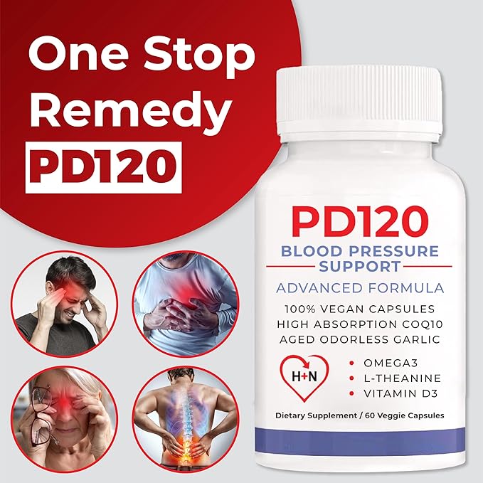 PD120 Natural Blood Pressure Support Supplement: 8-in-1 Formula with Black Odorless Garlic High-Absorption CoQ10 (Pack of 2)