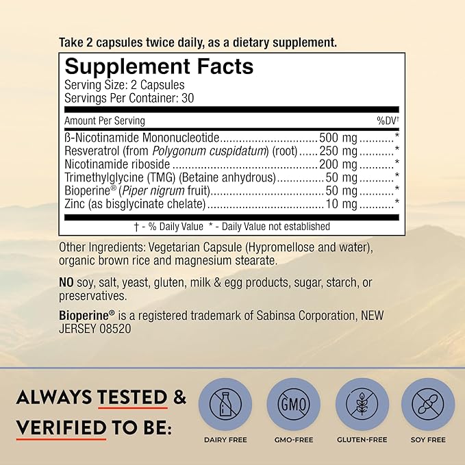Mt. Angel Vitamins NMN Supplement + NR with Resveratrol &amp TMG Dual NAD+ Precursors for Cellular Energy &amp Healthy Aging 60 Capsules