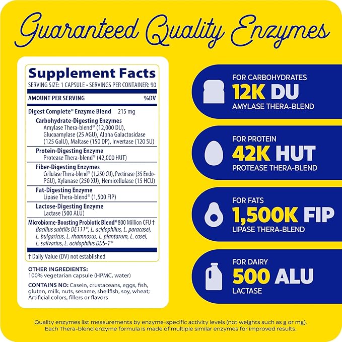 Enzymedica Digest Complete + Probiotics - Digestive Enzyme Supplement for Women &amp Men Enzyme and Probiotic Capsules for Digestion Gut Health Support Helps Gas &amp Bloating Vegetarian - 90 Ca