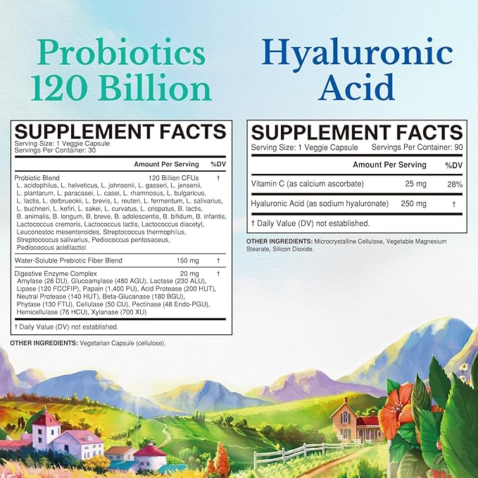 Vitalitown Gut-Skin Bundle (Pack of 2) | Probiotics 120 Billion CFUs (Item 1) &amp Hyaluronic Acid (Item 2) | 30 + 90 Capsules
