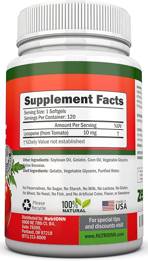 Lycopene - 10MG - 120 Softgels - 3 Month Supply - Premium Quality Antioxidant - 100% Natural Tomato - Great for Prostate Health Immune System Support Heart Health and Eyesight Support