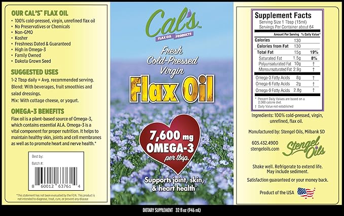 Cal's Flax Oil Cold Pressed Flax seed High in Omega 3 Fatty Acid Unrefined Flax Seed Oil Pure Flax Seed Oil Liquid Supplement for Joint Skin and Heart Health Support - 32 oz