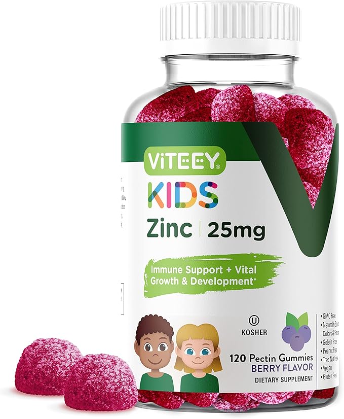 Viteey Zinc for Kids Gummies 25mg - Immune Support for Kids &amp Teens - Powerful Natural Antioxidant Kids Zinc Vitamin Supplement - Vegan Gelatin Free Gluten Free - Tasty Chewable Berry Flavor G