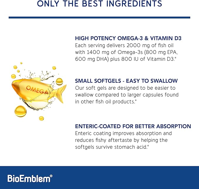BioEmblem Omega-3 Fish Oil 2000mg - Small Size Softgels High Absorption Form Sustainable - 1400mg EPA &ampDHA Plus Vitamin D3 Non-GMO Heart Joint &amp Brain Health Fish Oil Supplement 240 Ct