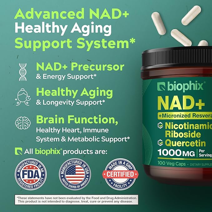 biophix NAD+ Liposomal Supplement for Women &amp Men - 1000 mg per Serving - Nicotinamide Riboside Micronized Resveratrol &amp Quercetin Complex - 100 Veg Capsules - Non-GMO Gluten-Free cGMP Cert