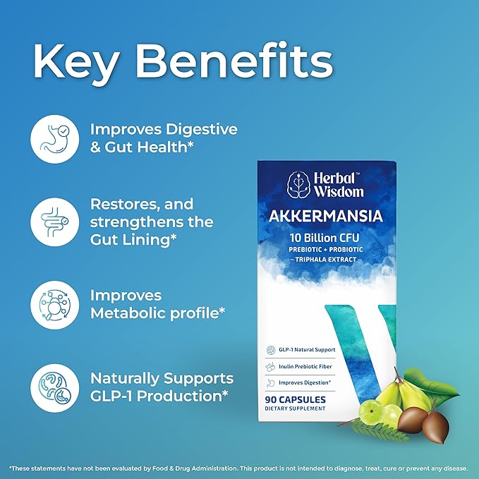 Akkermansia Probiotic 10 Billion CFU - Advanced GLP-1 Support Probiotic+Prebiotic | for Gut &amp Metabolism Support - No Bloating | with Inulin &amp Triphala | (90 Capsules - 3 Month Supply)