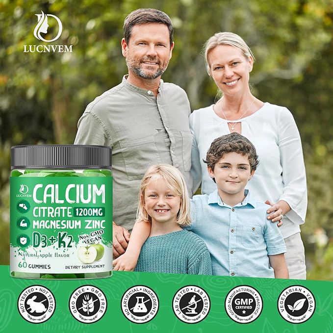 Calcium Citrate 1200 mg with Vitamin D3 Gummies Calcium Citrate Magnesium Zinc with Vitamin D3 Supplement for Women &amp Men Bone &amp Teeth Support Natural Apple Flavor - 30 Day Vegan Supply