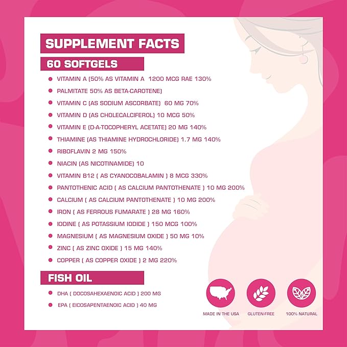 Pregnaforte 1 a day Prenatal vitamins for women 2 month: Folic acid Fish Oil Omega 3 DHA/EPA Vitamin D3 B6 Vitmain B12 C E Calcium Iron Magnesium Zinc supplement FSA HSA eligble multivitamin