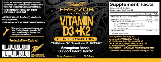 FREZZOR Omega 3 Black Green Lipped Mussel Oil 53x Higher Potency for Superior Joint Comfort &amp Mobility No Fishy Aftertaste 1 Bottle 60 Softgels Plus 1 Bottle of Vitamin D3+K2