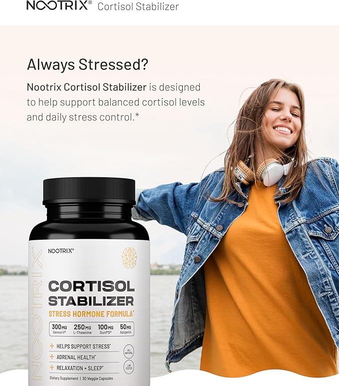 Nootrix Cortisol Manager &amp Stabilizer Supplement | Supports Deep Sleep Relaxation Adrenal Health &amp Stress | 300mg Ashwagandha | L-Theanine Rhodiola Rosea Extract &amp Apigenin | 90 Capsule