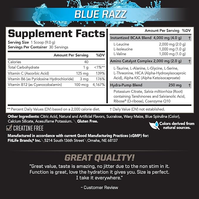 PMD Sports BCAA Stim-Free Amino Acids - Better Workout Performance Enhanced Recovery Daily Energy Muscle Builder and Muscle Sparing - BCAA Powder Drink Mix - Blue Razz (30 Servings)