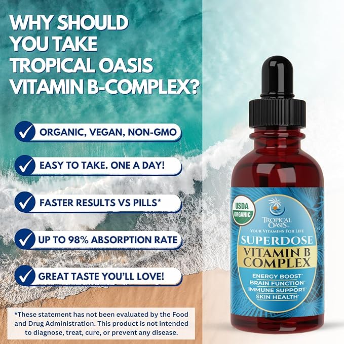 Superdose Organic Vitamin B Complex Liquid Drops | 125000% DV Vitamin B12 B6 Biotin Niacin Folate | Energy Brain Health Immune Support | USDA Organic Vegan Non-GMO | 60 Serv 2 Mo. Supply