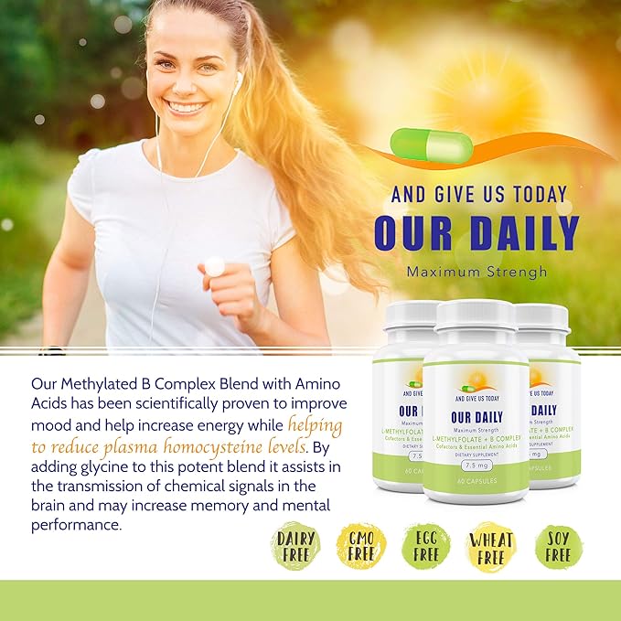 Our Daily Vites L-Methylfolate B Complex Cofactors &amp Essential Amino Acids (7.5mg) - Active Folate Methylated B12 Methylcobalamin B6 and Glycine - 60 Count