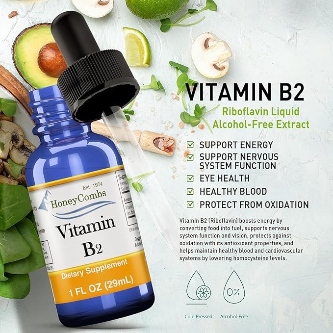 HoneyCombs Vitamin B2 Riboflavin Liquid Drops - Made in The USA - Natural High Potency Fast Absorption Vitamin B2 for Men Women &amp Children - Vegan Formula - Bulk Sizes Also Available