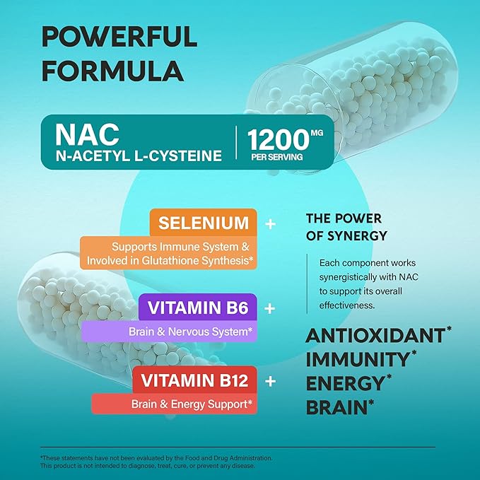 NAC Supplement | Selenium | B6 | B12 - Antioxidant Immune Support - N Acetyl Cysteine 600 mg per Capsule 1200 mg per Serving - Made in USA - Non-GMO Gluten-Free Vegan - 240 Caps 4 Month Supply