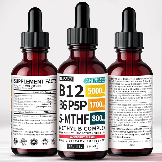 (2-Pack) Methylated B Complex Liquid Drops with Active L-Methylfolate - B12 Sublingual Drops Vitamin B Complex - Vegan B 12 Vitamin 5000mcg Non-GMO Raspberry Flavor No Sugar 2 Fl oz 80 Servings