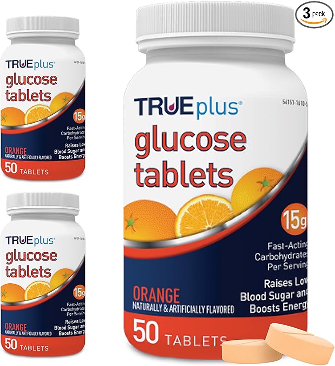 TRUEplus Glucose Tablets Chewable Orange Flavor 15g Fast-Acting Carbohydrates Fat Free Gluten Free Raise Low Blood Sugar and Boost Energy 50 Count 3 Bottles