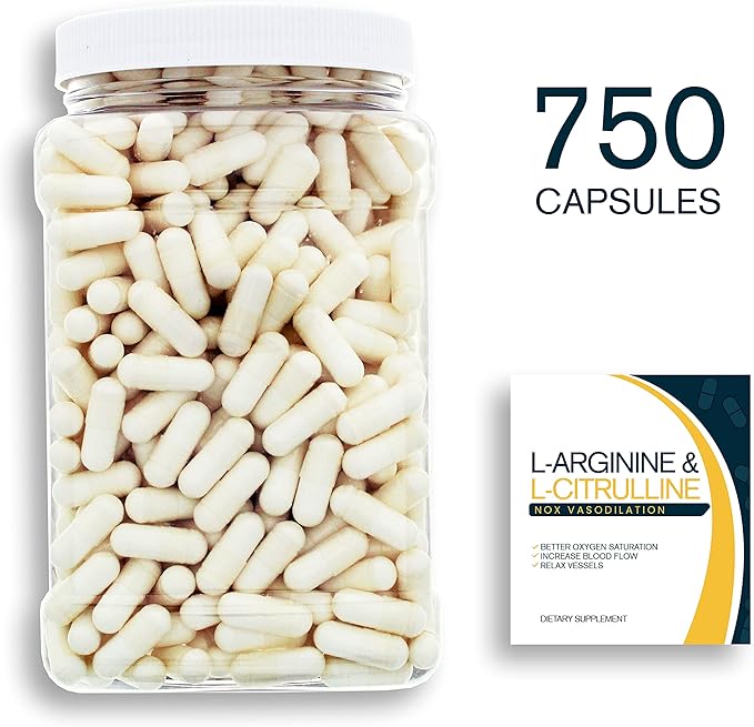 NOX Blend - 750 Capsules of L-Arginine &amp L-Citrulline in a Clear Square Grip Jar