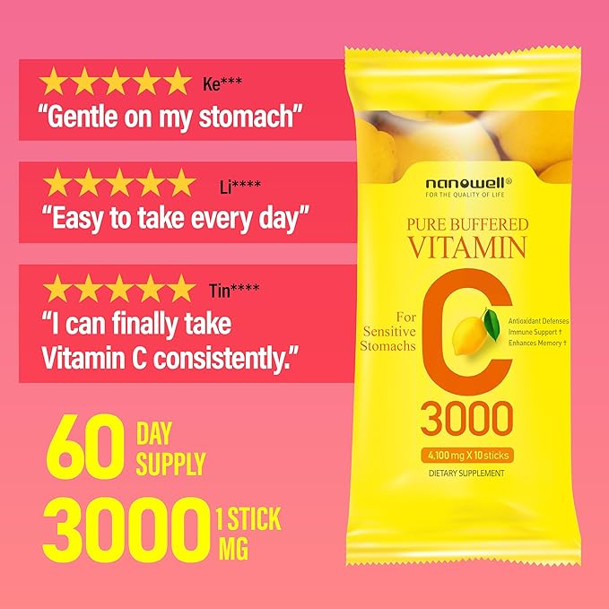 NANOWELL Pure Buffered Vitamin C 3000 mg per Serving Dietary Supplement for Immune Support - 60 Sticks x 1 Box 2 Months Supply (60 Count)