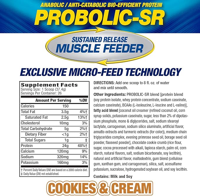 Maximum Human Performance Probolic-SR Sustained Release Protein Powder 24g Protein BCAAs Glutamine Arginine Pre-Workout Post-Workout Nighttime Protein 2lbs 26 Servings Cookies &amp Cream