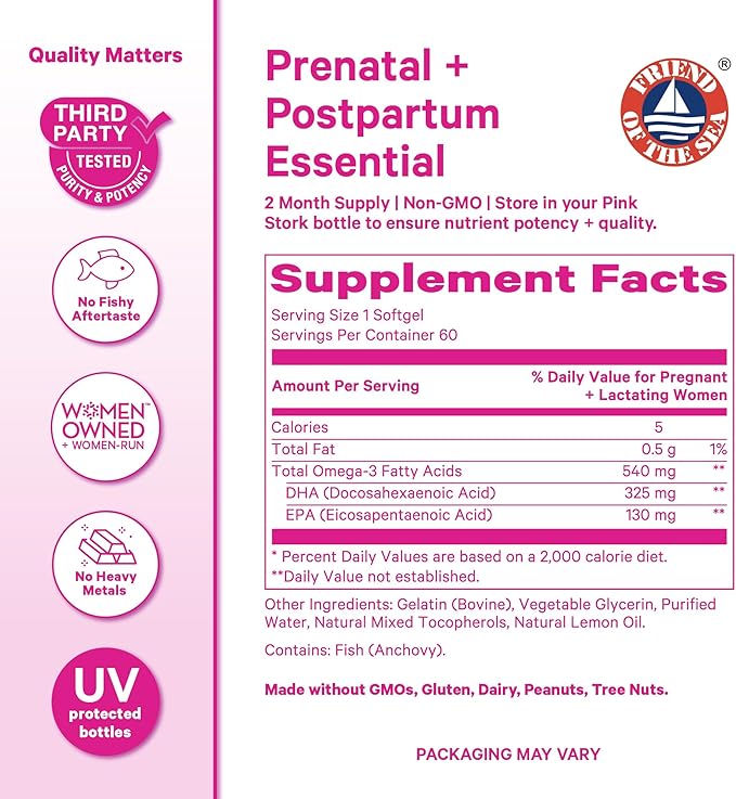 Pink Stork Omega-3 DHA - 540 mg Fish Oil Supplements with DHA and EPA Prenatal and Postpartum Essentials for Cognitive Health + Fetal Development - 60 Softgels - Packaging May Vary