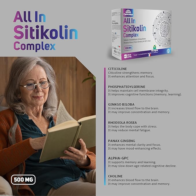 All in Citicoline Complex – Vegan Capsules with Citicoline Phosphatidylserine Ginkgo Biloba Rhodiola &amp Panax Ginseng – Supports Memory Focus &amp Mental Energy – 60 Vegan Capsules