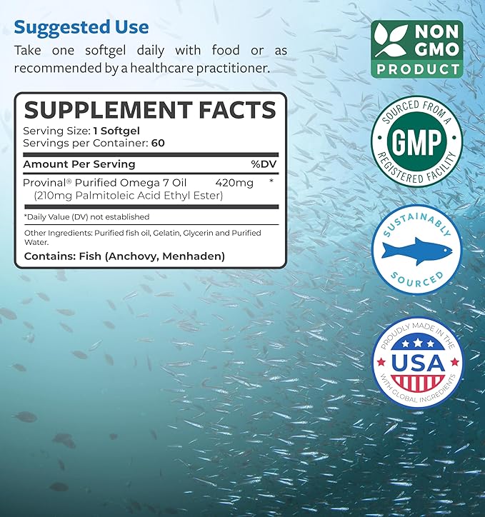 Omega 7 Softgels &amp Thyroid Support (2-Month Supply) Energy Fusion Bundle - Purified Omega-7 Softgels (60 Softgels) Provinal Peruvian Anchovy and Thyroid Support (120 Capsules) Healths Supplement