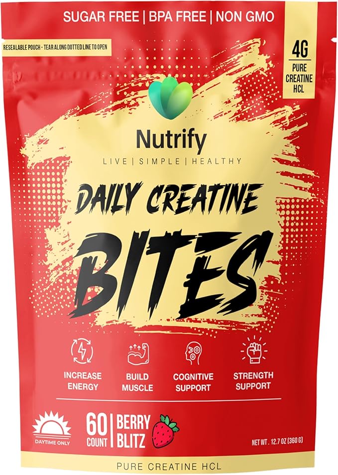 Nutrify Daily Creatine Gummies for Women and Men - 4g Creatine Monohydrate per Serving for Muscle Growth &amp Recovery - Sugar-Free Low-Calorie with Vitamin B12 for Energy Boost -Strawberry